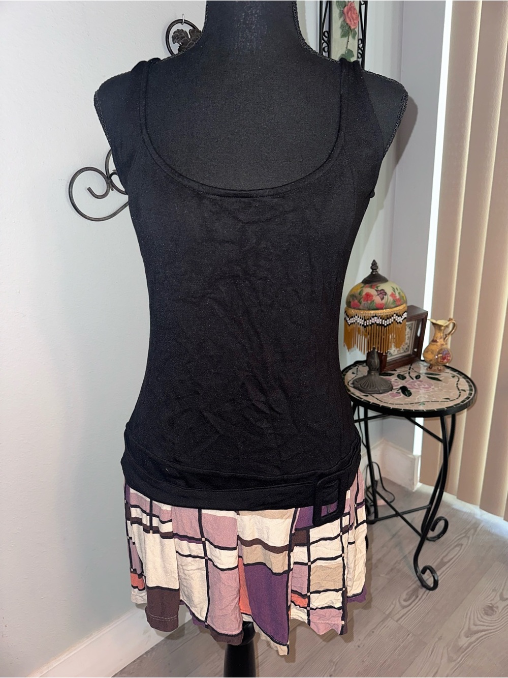 Vintage Studio F Black Tank Mini Dress with Multicolor Geometric Skirt, Size M